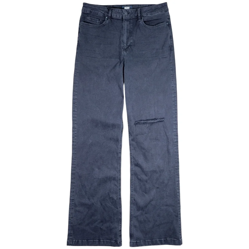 Paige Jeans Womens 33 Black Denim Leenah High Rise Slim Fit Wide Leg Destructed‎